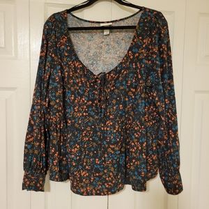 Ava & Viv Shirt Blue & Orange Floral Scoop Neck Peplum Blouse Size 1X Top